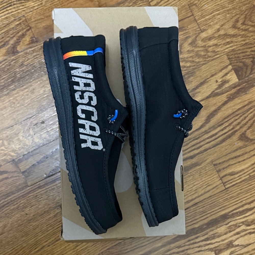 NASCAR Hey Dude Black Loafers with Blue and Yellow Accents - Picture 4 of 7